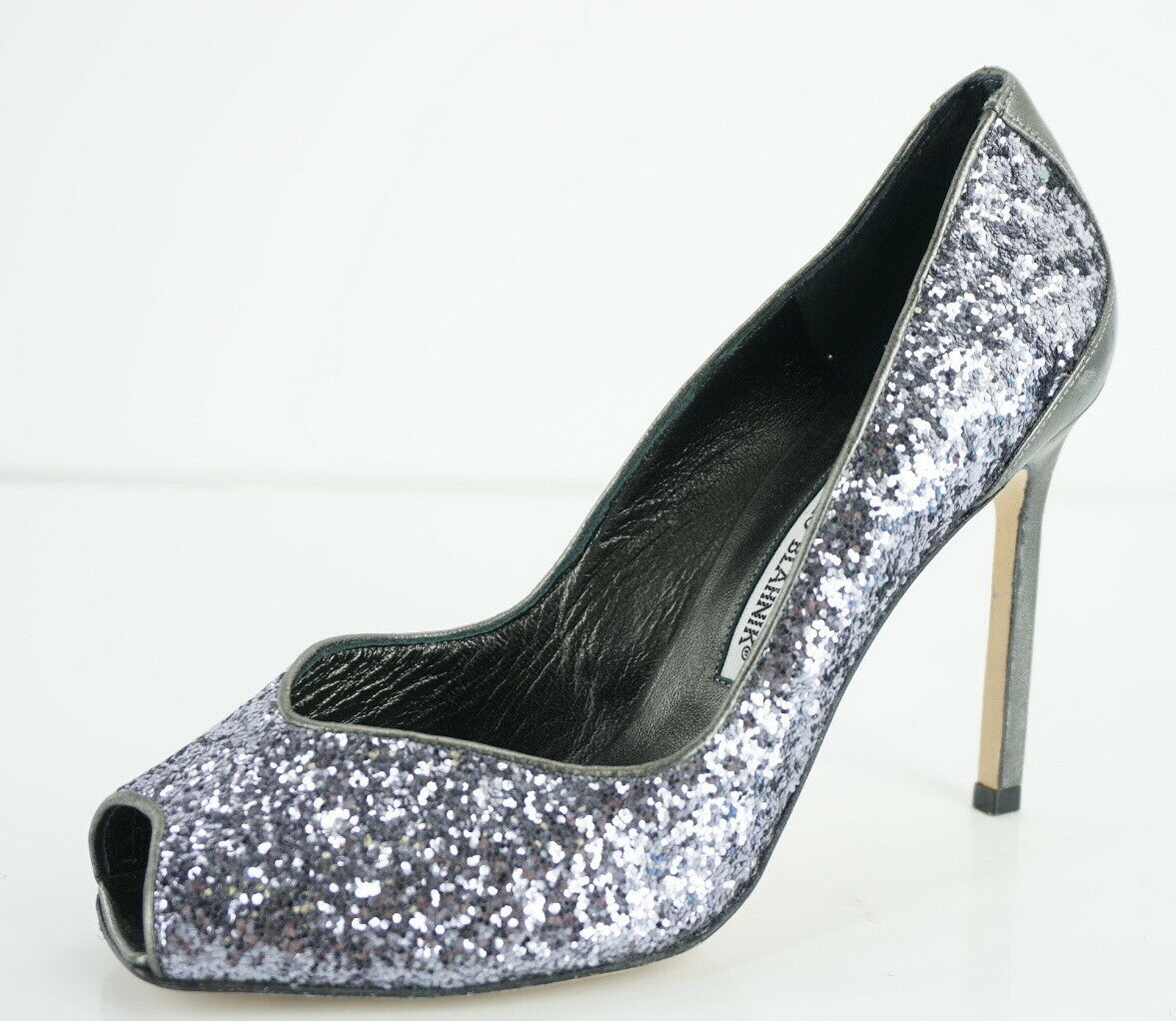 Manolo Blahnik Glitter Fatducabo Peep Toe Heels Pumps Size 37.5